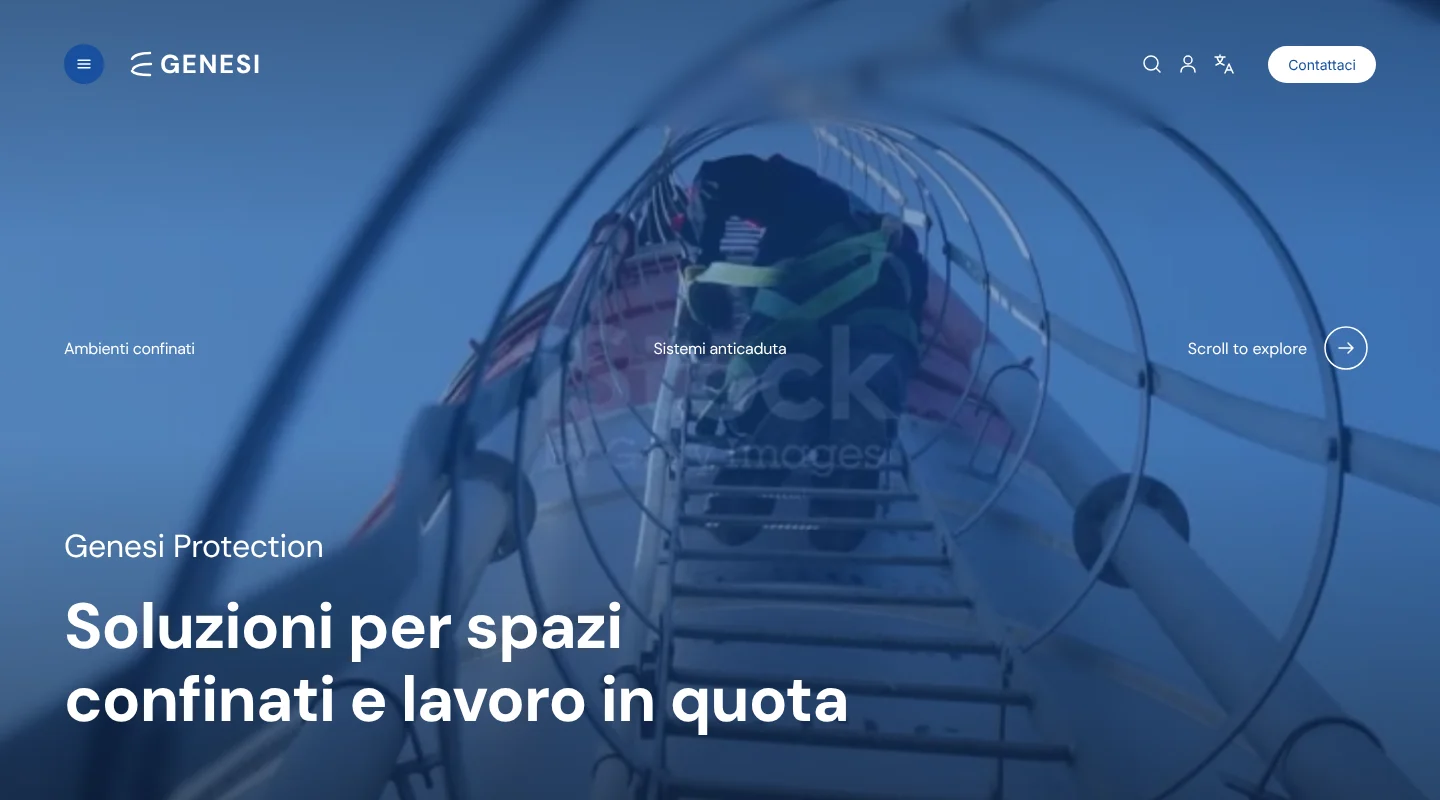 Anteprima della homepage: hero con video, titolo e accessi ad ambienti confinati e sistemi anticaduta
